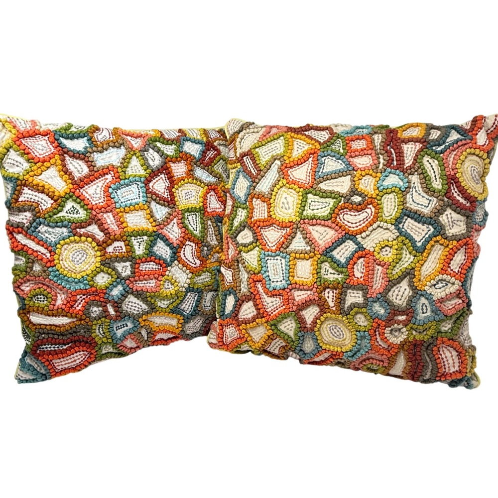Hooked Loop Embroidered Multicolor Freeform Feather Pillow Set 2 Boho Eclectic
